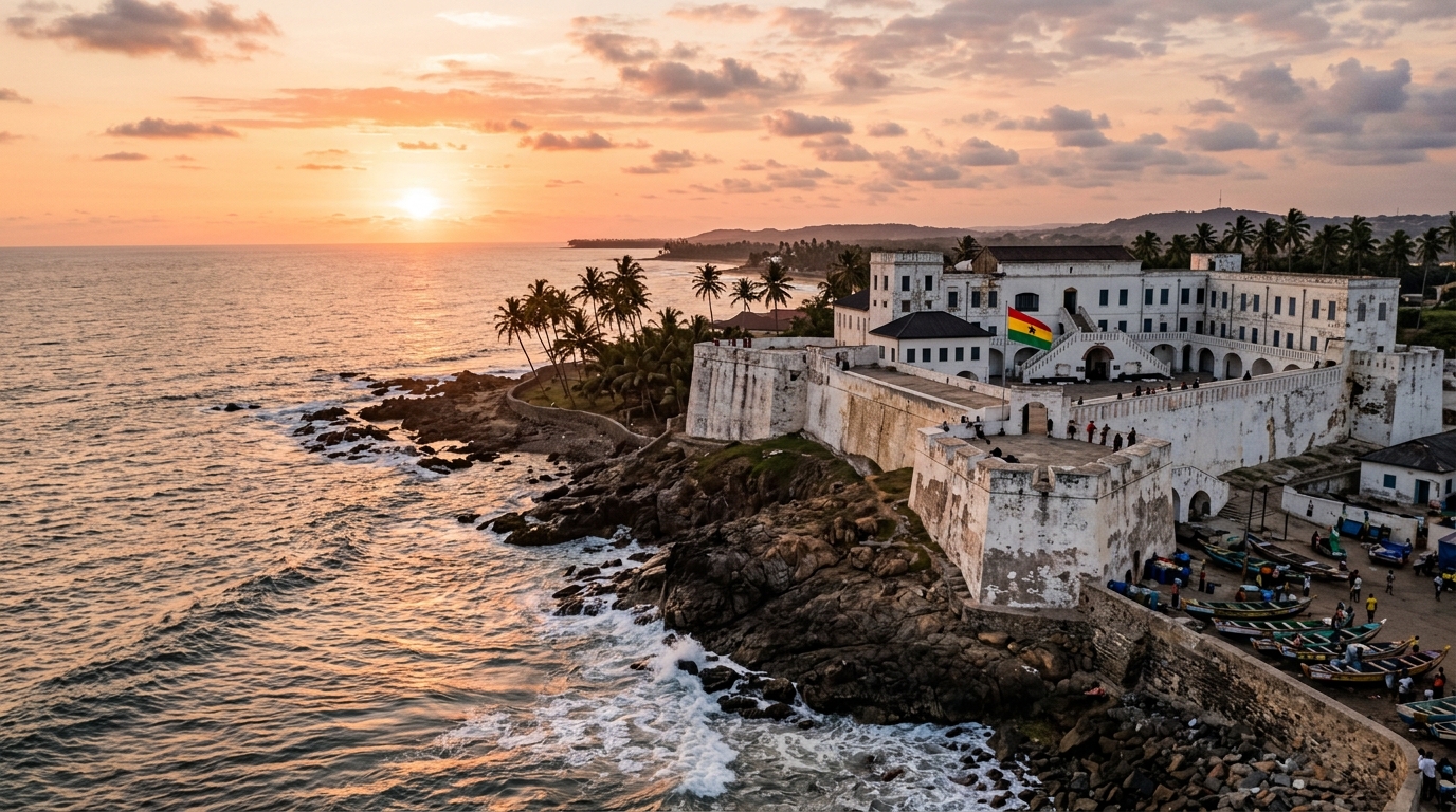 Cape Coast Castle at sunset along the Ghana shoreline