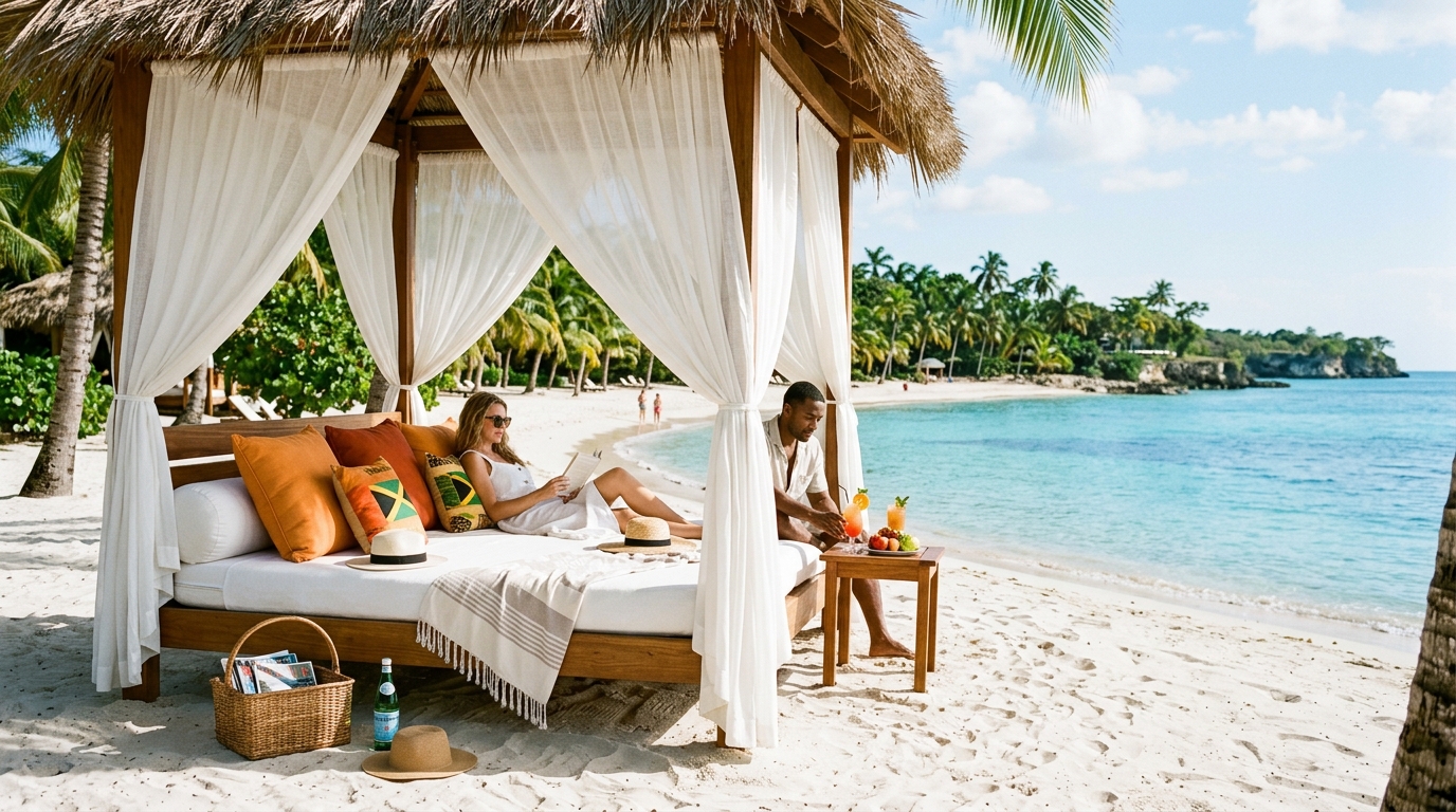Luxury beach cabana with white drapes on Negril turquoise beach