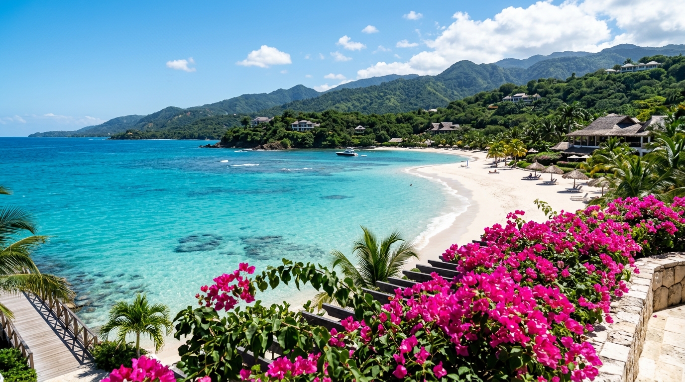 Turquoise waters and lush tropical mountains in Jamaica with vibrant pink bougainvillea