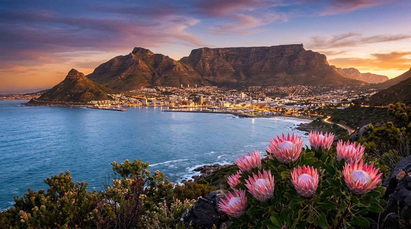 Iconic panoramic sunset over Table Mountain Cape Town with protea flowers